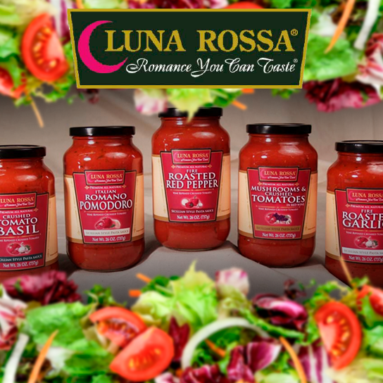 A picture containing 5 different all-natural Sicilian-style pasta sauce jars from Luna Rossa.
